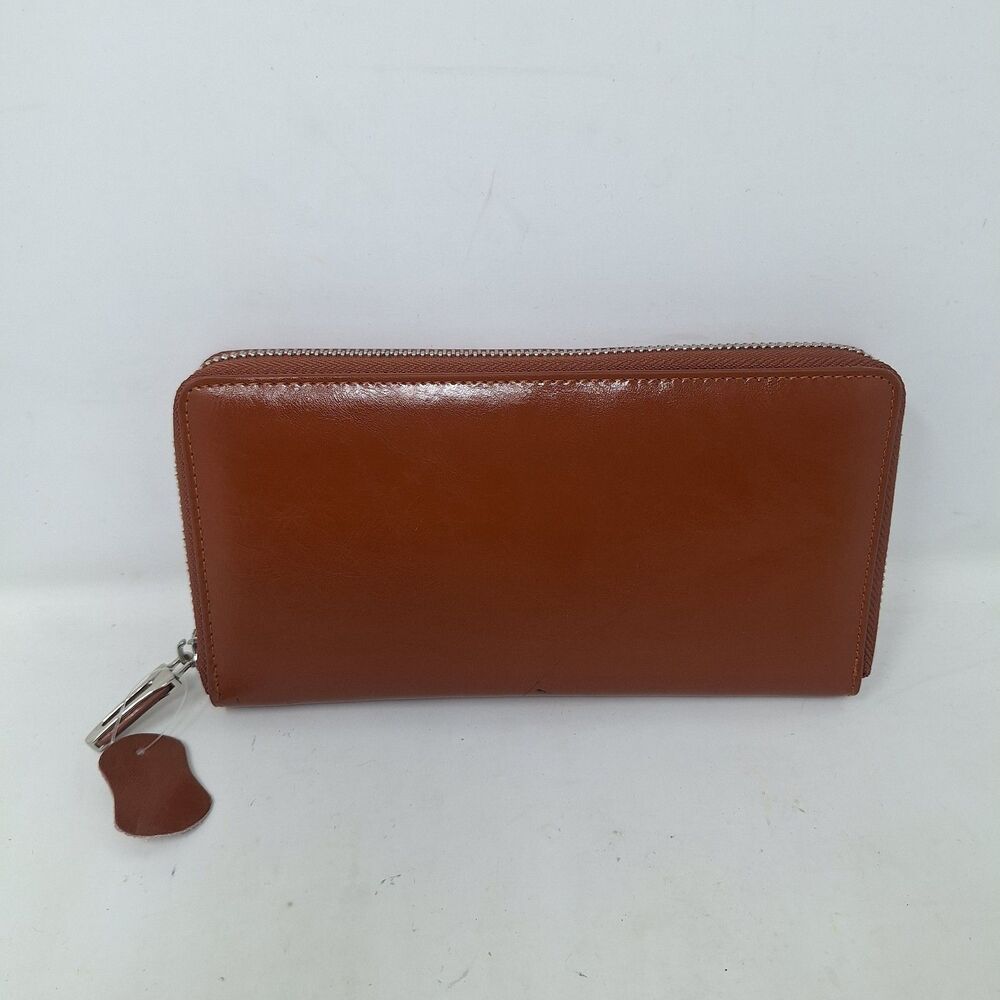 Bricraft Brown Leather Zip Around Clutch Wallet RFID Blocking Minimalist Neutral